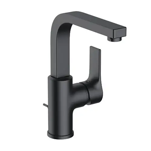 Schwenkbarer Waschbecken-Armatur mit seitlicher Betätigung in mattschwarz von Kludi, geeignet für moderne Badezimmeranwendungen.